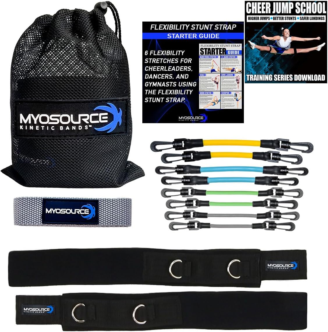 Cheer Kinetic Bands Cheerleader Flexibility and Strength Training | Improve Jumps, Stunts, Landings | 4-Level Leg Resistance Bands & 12 Stunt Strap Color Options, Digital Training Downloads