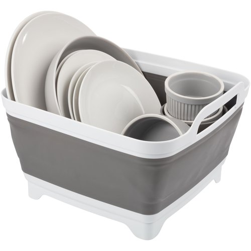 Wakeman Collapsible Wash Basin - 9L Portable Sink with Drain - Plastic Tub Dish Pan for Camping, Handwashing Laundry, or Dishes Outdoors (Gray)