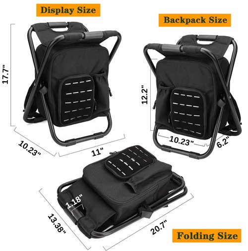 MOZETO Backpack Stool Cooler Chair with Molle Pocket and American Flag Patche, Portable Folding Fishing Stool for Outdoor Walking Hiking Camping