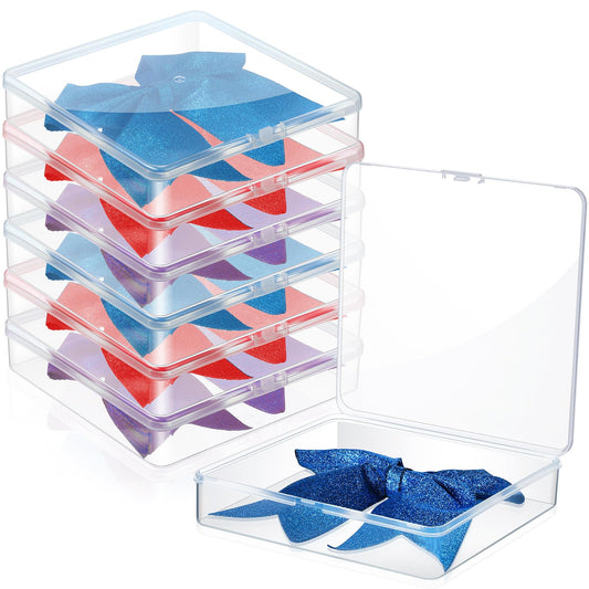 GlikCeil 6 Pcs 7'' x 7'' Cheer Bow Box Portable Case Clear Plastic Storage Containers with Lids for Cheerleading Bows