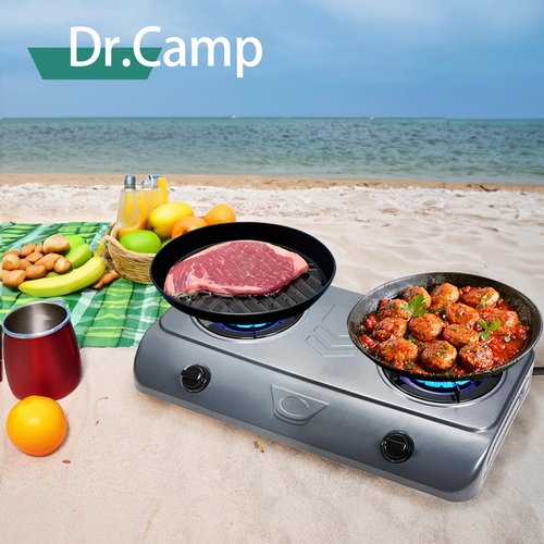Dr.Camp 35000 BTU 2 Burner Propane Gas Stove Cooktop Outdoor Camping Stove Portable Double Burner for BBQ Boiling Frying Cooking Estufa de Gas Portátil Fogón de Gas