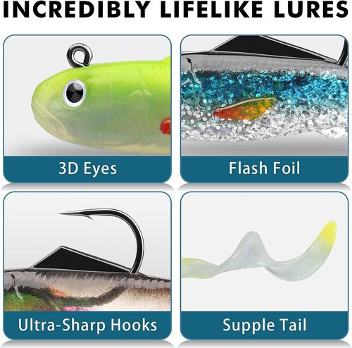 GOTOUR Pre-Rigged Soft Fishing Lures, Curly Tail Swimbait Lures for Bass Fishing, Lifelike Soft Tadpole Swimbait with Spinner for Crappie Trout Bait, All Season Freshwater Swim Baits for Warriors