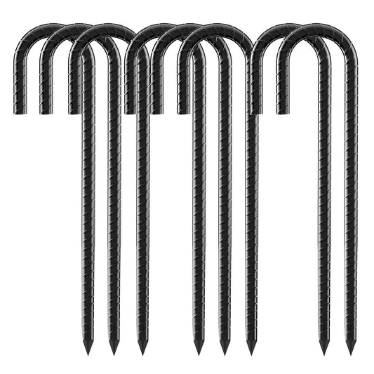 12 Inch Rebar Stakes, 8 Pack J Hook Heavy Duty Ground Stakes for Canopy Tent Trampoline and Chain Link Fence Rust Proof Coated Steel Ground Stakes Ground Anchors (Black)