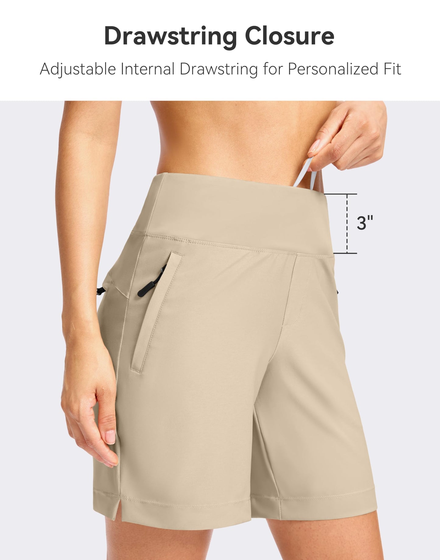 SANTINY Women's 5''/ 7''Hiking Shorts with 3 Zipper Pockets Lightweight Quick Dry Golf Shorts for Women Athletic Walking (Light Khaki_7-M)