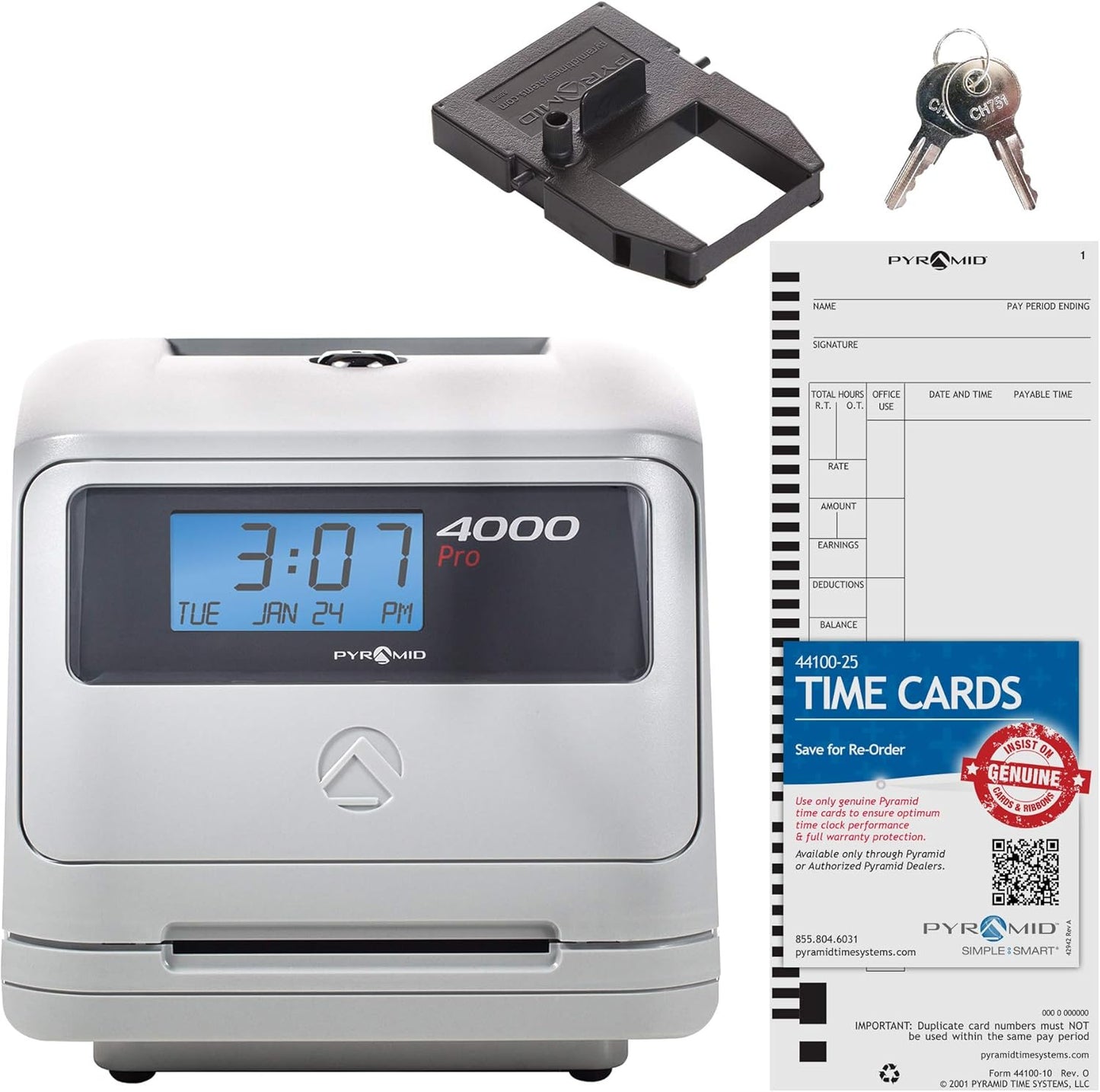 Pyramid Time Systems - Model 4000 Auto Totaling Time Clock, Electronic Time Punch Clock for Small Business, Bundle Includes: 25 Time Cards,Ribbon and 2 Security Keys - Silver ( 7.25"h x 7"w x 6.75"d)