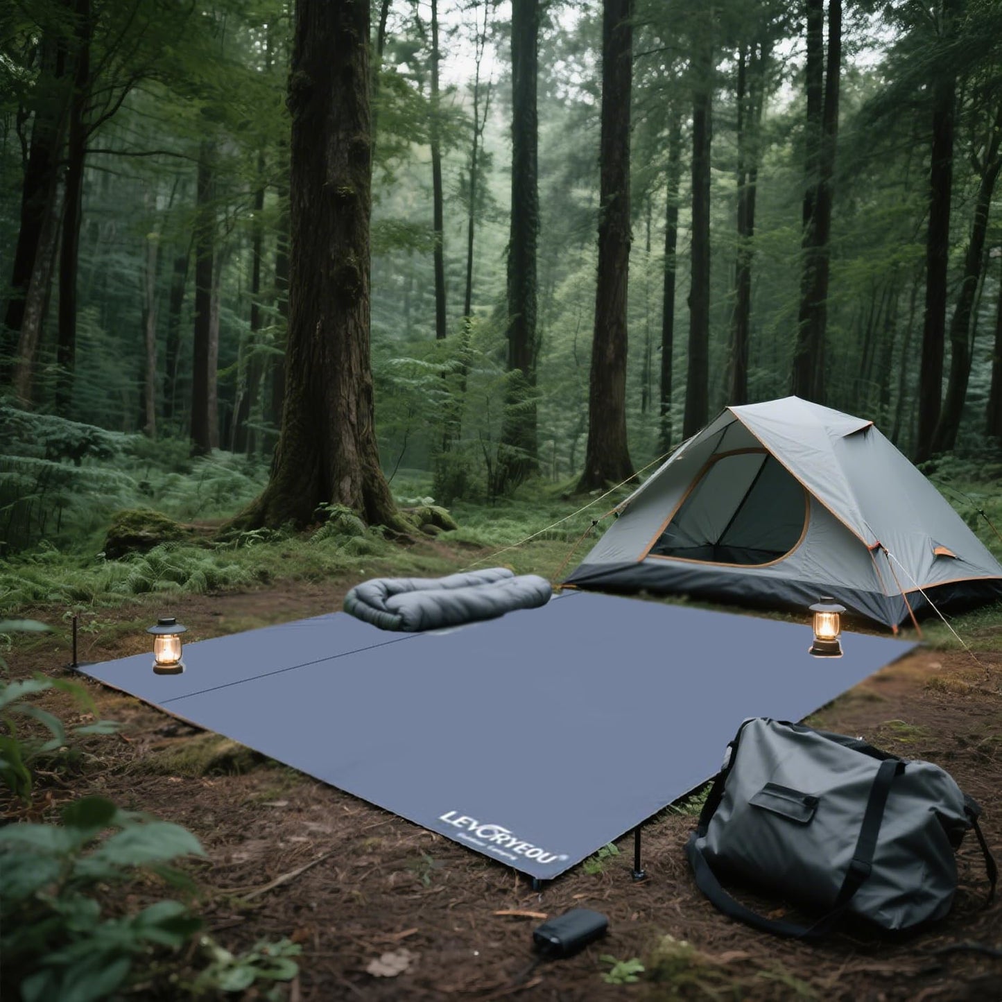 RUNGEASINI 8x8 FT Waterproof Tent Footprint - Heavy Duty 210D Oxford Ground Mat with Stakes - Fits 6-8 Person Tents for Camping, Picnic, Beach - Extra Large Square Tarp with Carry Bag (Gray-Blue)
