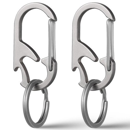TISUR Titanium Carabiner Keychain Clip, Bottle Opener Keychain Multitool, Heavy Duty Car Keys Chain Tactical (2Pcs QE01 Grey)