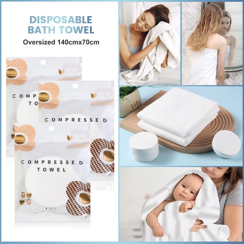 GXF 3 Packs Compressed Bath Towel Tablets, 56'' x 28'' Pure Cotton Portable Disposable Hypoallergenic Dehydrated Expandable Compact Compressed Towels Washcloths for Camping Swimming Traveling Hiking