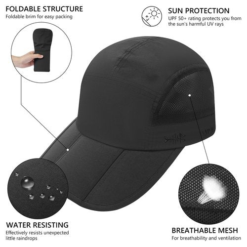 BASSDASH Folding Fishing Baseball Cap UPF 50+ Water Resistant Outdoor Portable Brim Hats for Women Men Hiking Adjustable Black