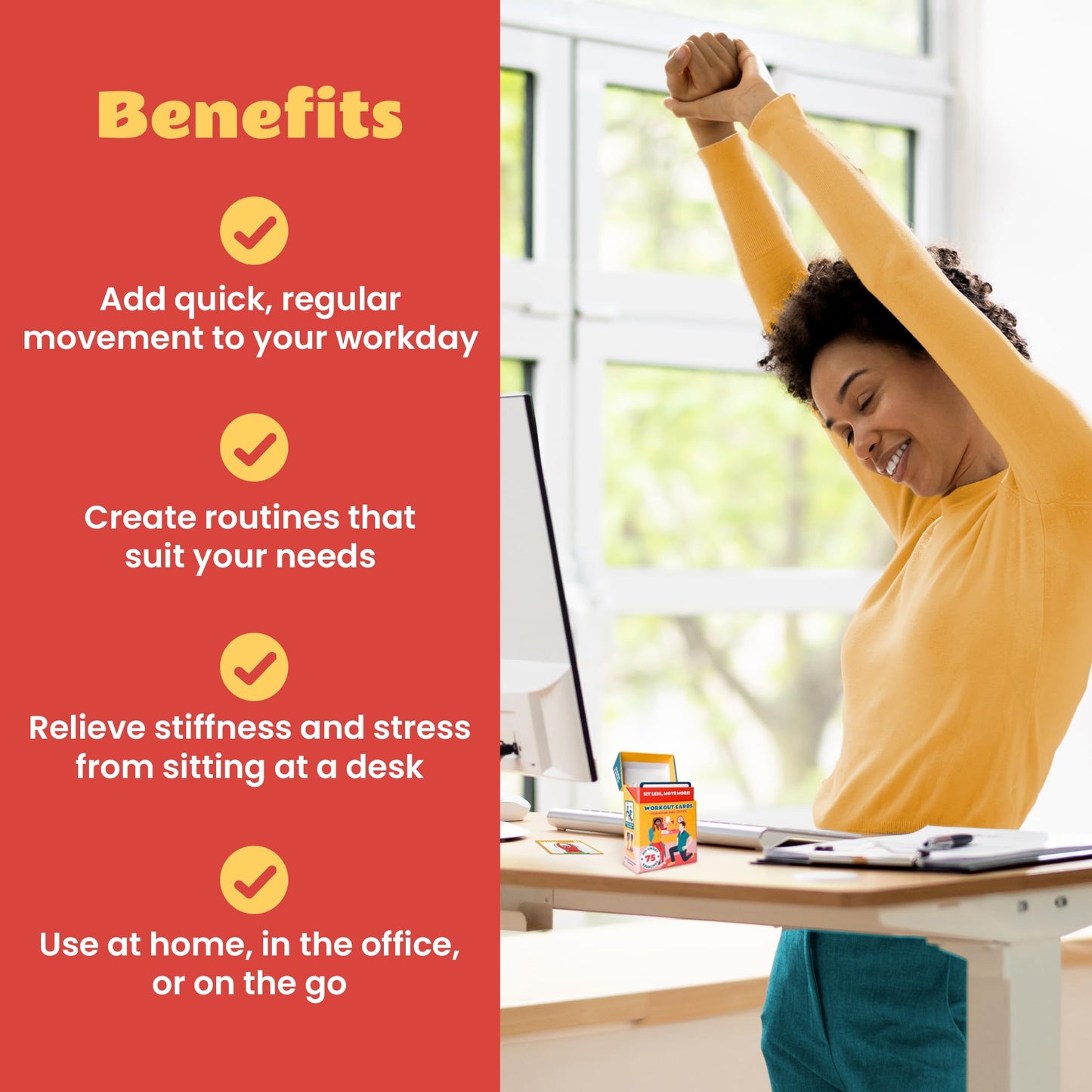 75 Desk Workout Cards – Move More at Work with 50 Easy Bodyweight Exercises & 25 Stretches – Compact 3.5" x 2.5” Exercise Cards for Home or Office - No Equipment Needed and Beginner Friendly