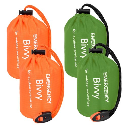 Emergency Sleeping Bag 4 Pack Survival Sleeping Bag with Whistles Thermal Emergency Bivy Sack Sleeping Bags Portable Emergency Blanket for Outdoor Hiking Camping (Orange+Green)