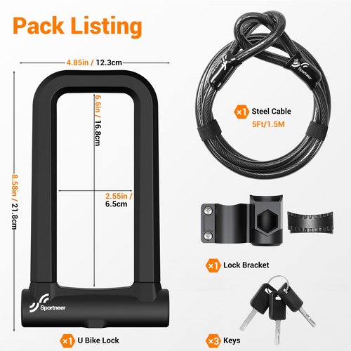 Sportneer Bike Lock: 18mm Heavy Duty Anti Theft Bike U Lock with 5ft Security Steel Cable - Shackle Bicycle U-Locks with 3 Keys & Sturdy Mounting Bracket for Road, Mountain, Electric & Folding Bike