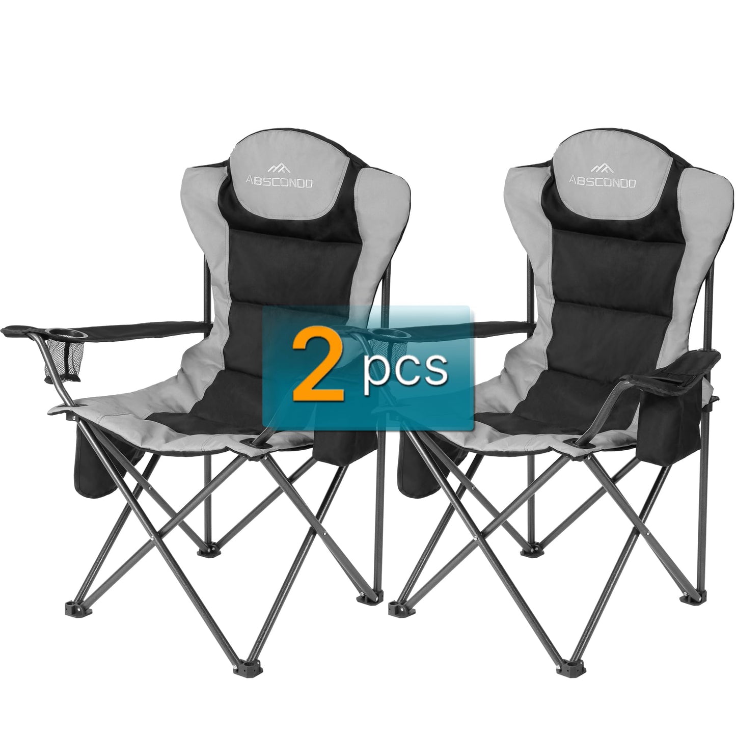 ABSCONDO Camping Chairs for Adults, Oversized Folding Camp Chair for Outdoor with Cup Holder & Cooler Bag, XL Heavy Duty Lawn Chairs Supports up to 350lbs (2 Pcs, Black)