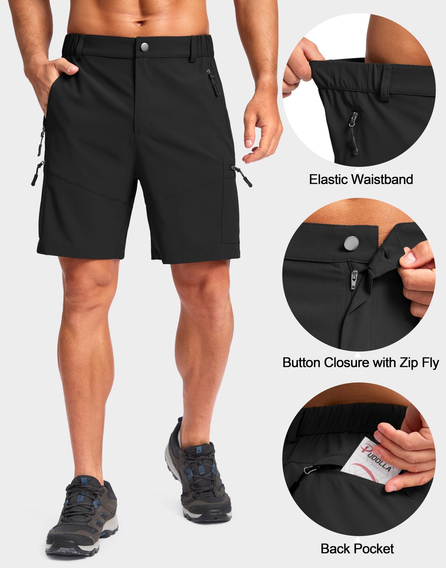 Pudolla Men's Hiking Cargo Shorts Lightweight 7" Travel Casual Shorts for Men Golf Work Outdoor with 5 Zipper Pockets(Black Small)