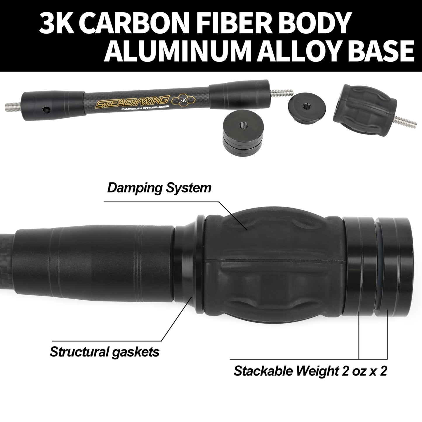 AMEYXGS Archery Bow Stabilizer for Compound Bow, 3K Carbon Fiber 6", 8", 10", 12" Rods, Damping System, Weights Kit, Single Side V-Bar Mount,Quick Disconnect (10″)