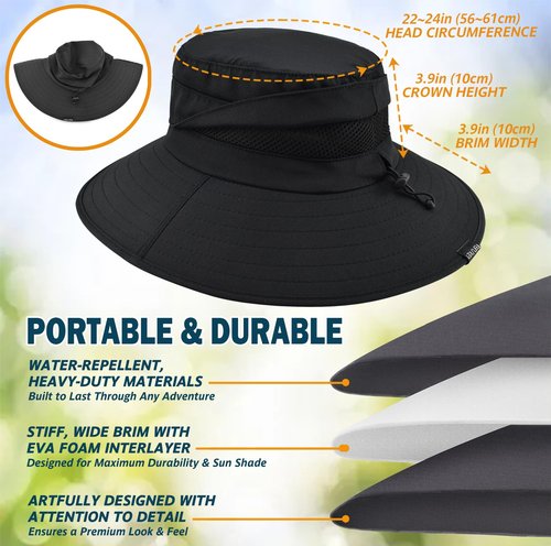 EINSKEY Waterproof Sun Hat for Men Women, UPF 50+ UV Protection Wide Brim Packable Hat for Fishing Hiking Garden Safari Beach Black