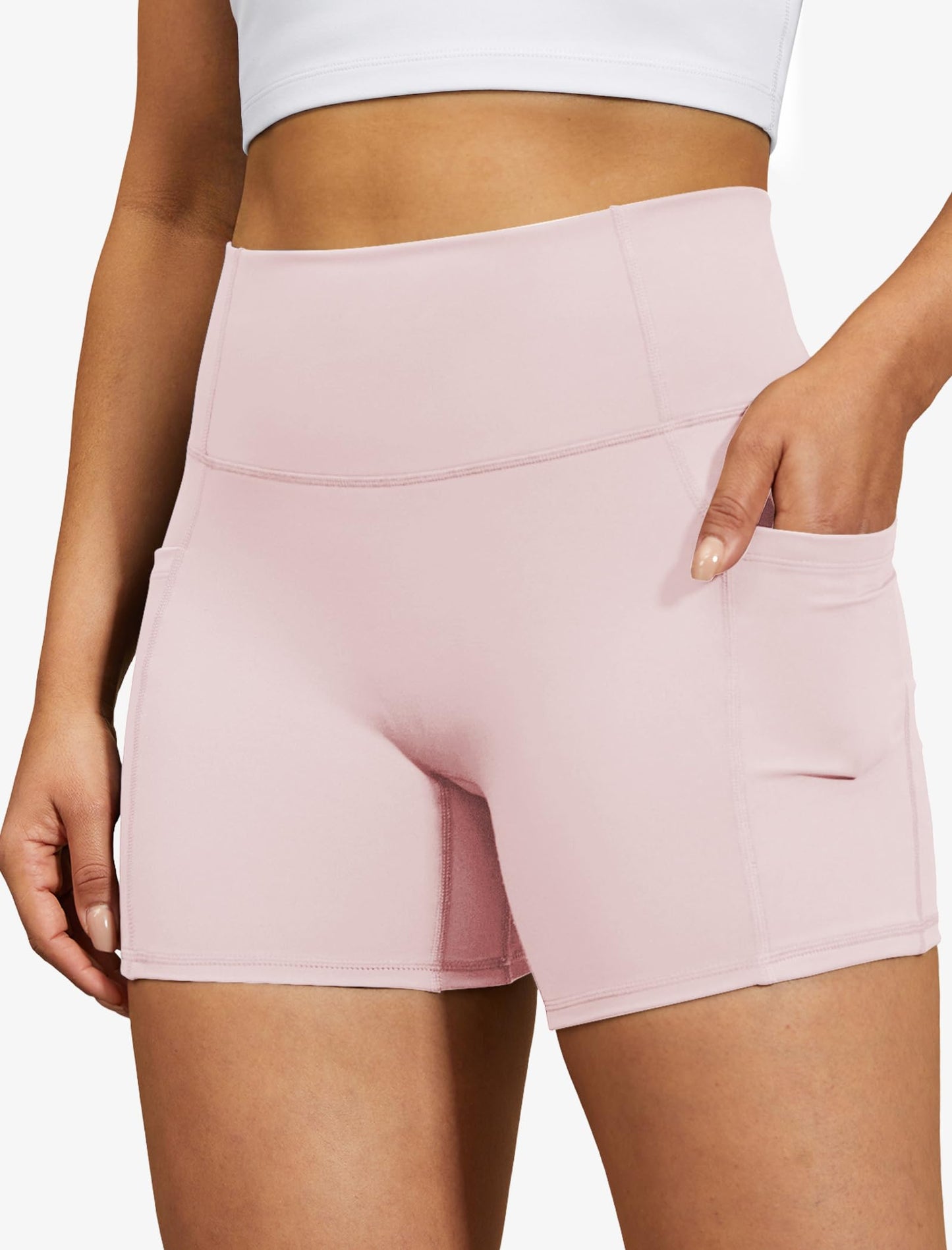 DLOODA Biker Shorts for Women, High Waisted Yoga Workout Tummy Control Spandex Compression Gym Running Shorts with Pockets Pink