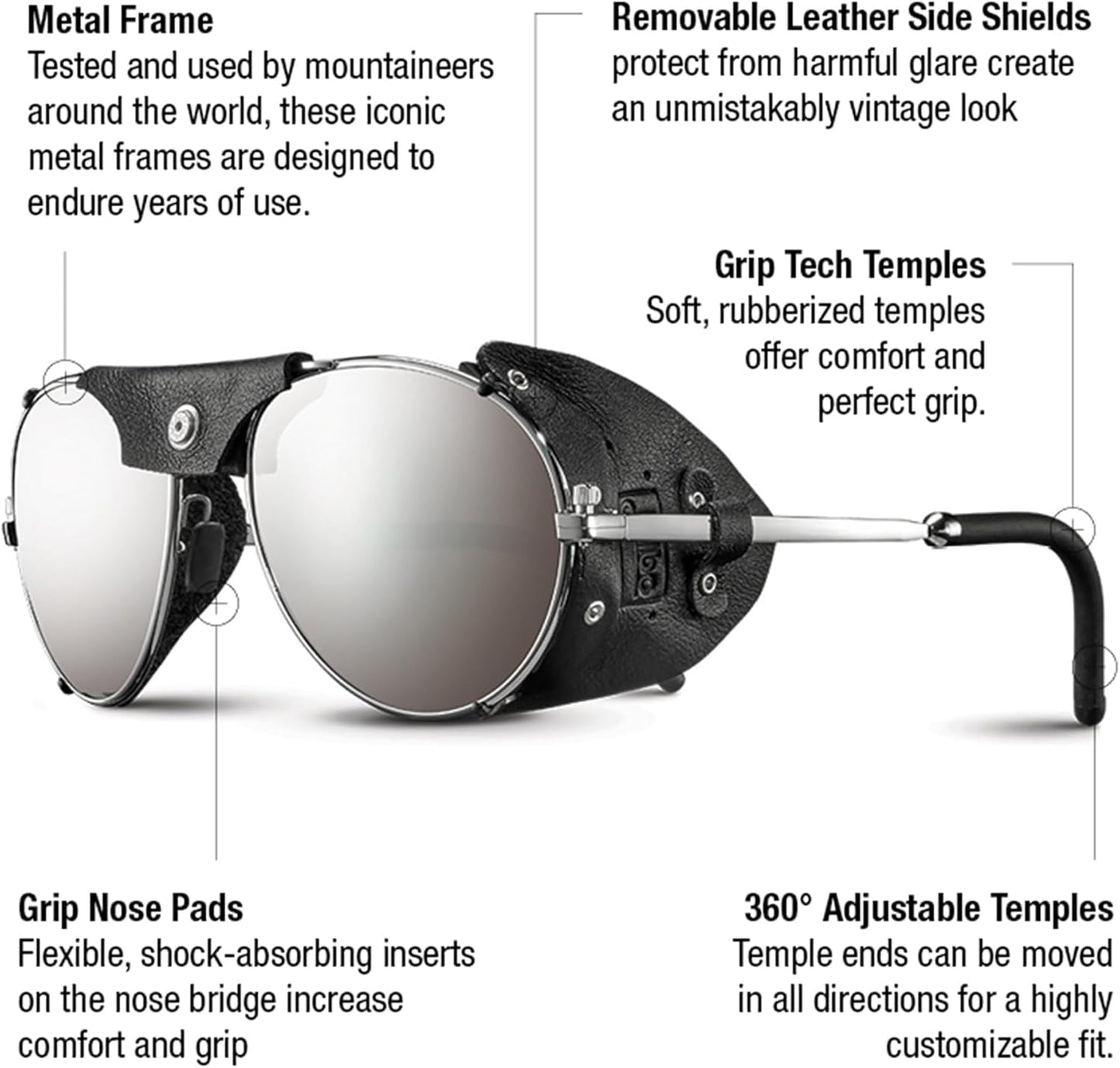 Julbo Cham Glacier Sunglasses for Men & Women w/Removable Leather Side Shields for Hiking, Skiing, Snow - 100% UV Protection