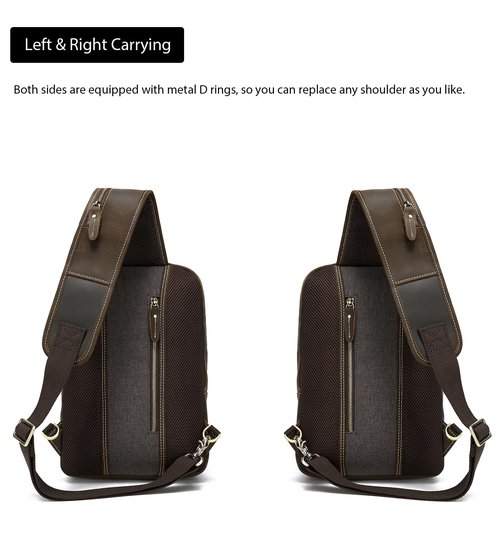 LANNSYNE Full Grain Leather Sling Bag For Men Crossbody Chest Daypack fits 12.9" iPad