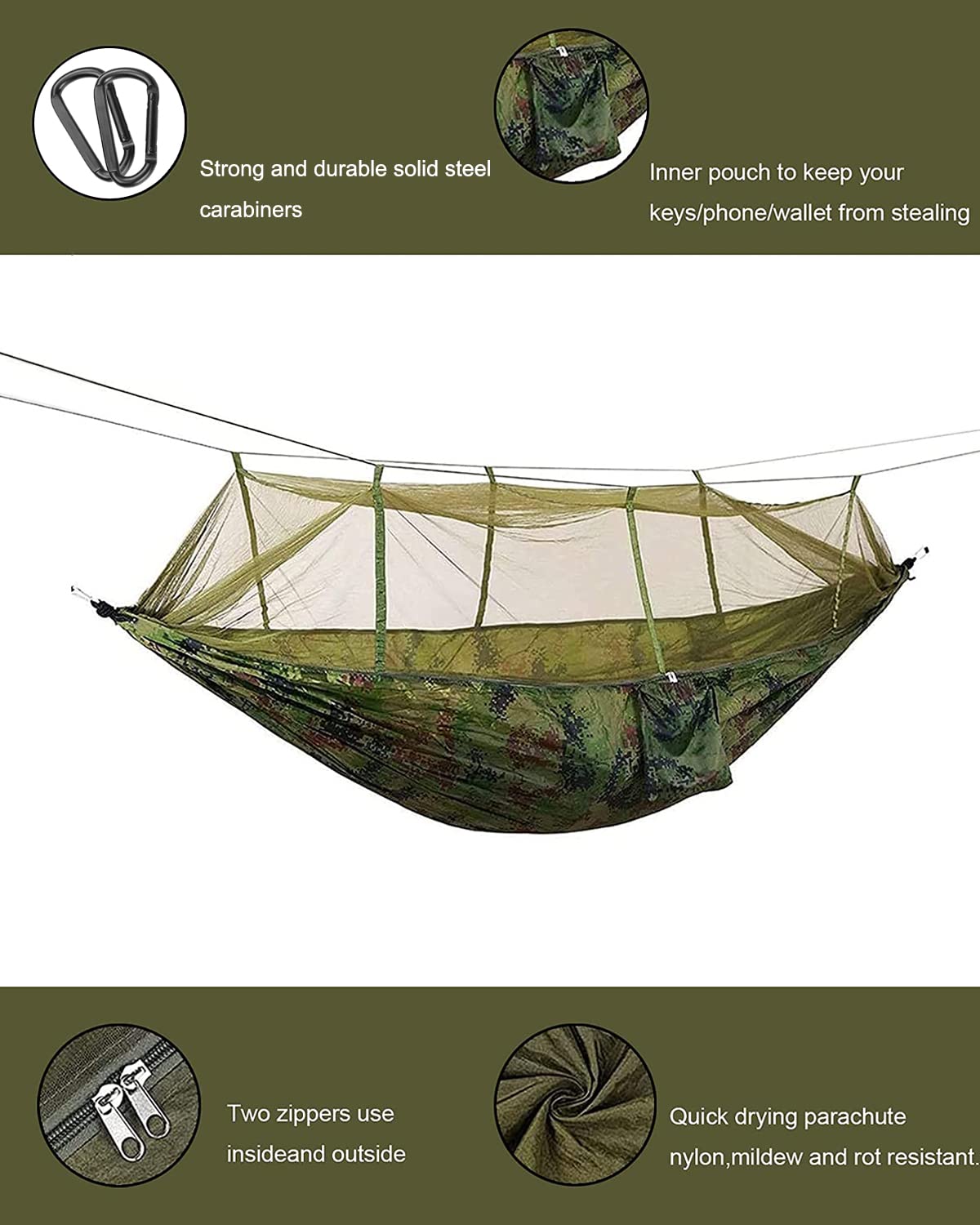 Fotgear Camping Hammock with Mosquito Net - Ultra Lightweight Durable Double/Single Travel Hammock 210T Parachute Nylon with Tree Straps 660lbs Capacity for Garden Camping Backpacking, Camo