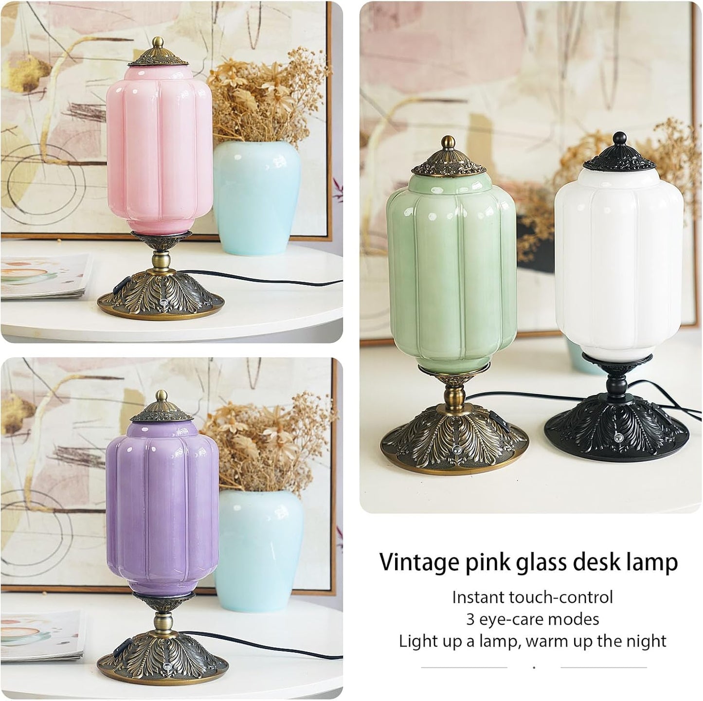 Milk Glass Touch Table Lamp, Elegant Green Jadeite Glass Bedside Desk Lamp 3 Way Dimmable with USB C+A Charging Ports - Bedroom Nightstand & Living Room Essential, 4W Bulb Included (Green, 6.5)