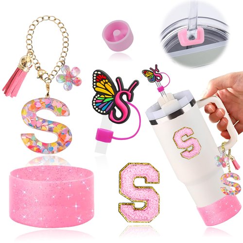 Stanley Cup Accessories Set of 6 PCS, Pink Glitter Letter Theme with Keychain, Butterfly Straw Topper, Silicone Boot, Patch & Cup Decor Kit,Water Bottle Carrier Set (Tumbler Not Included)