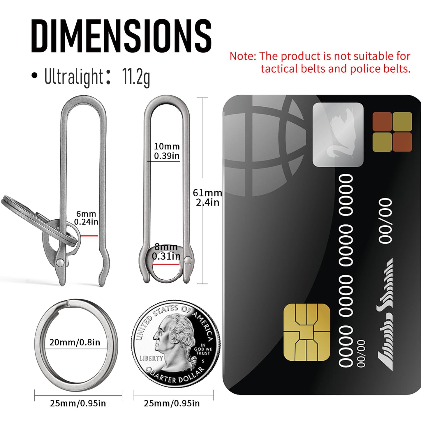 FEGVE Titanium Key Belt Clip, Carabiner Keychain Clip Belt Key Holder with Key Ring for Pants Purse-M/Grey