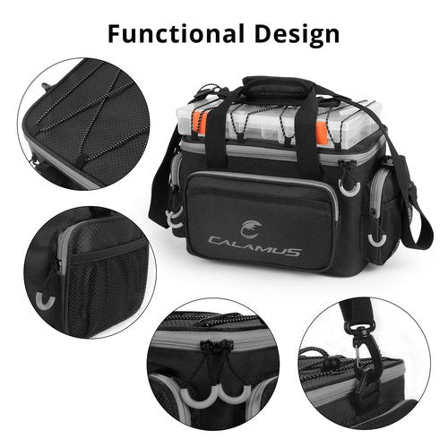 Calamus Fishing Tackle Bags - Saltwater & Freshwater Fishing Bags - Rip-Stop PE - Padded Shoulder Strap - Pliers Storage - Black