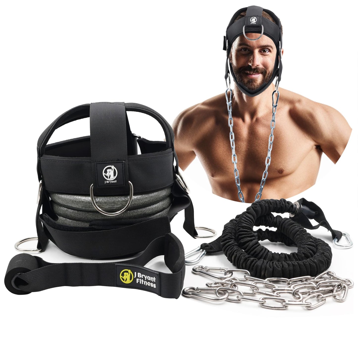 J Bryant Multifunctional Neck Head Harness Weight Lifting Training with Resistance Bands, Door Anchor and Chain, Full Range Muscle Workout