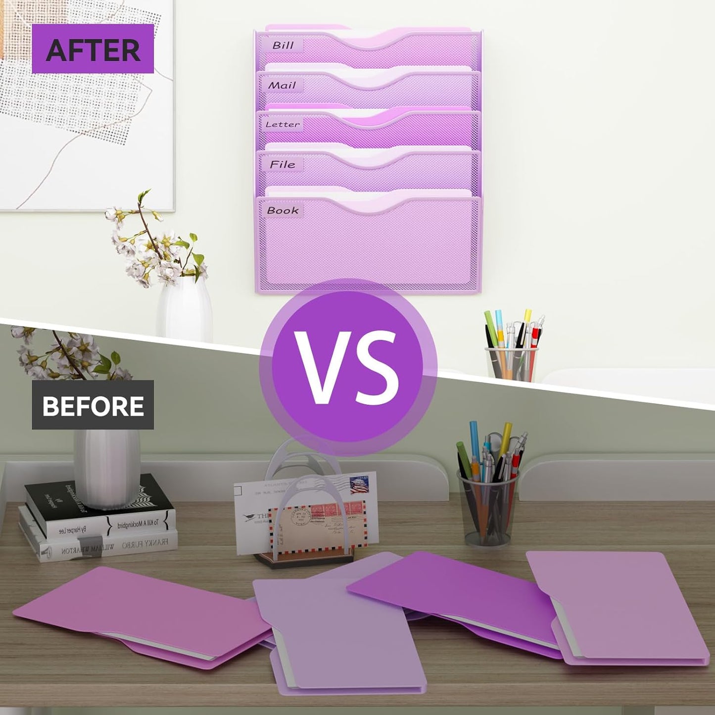 5 Pockets Mesh Hanging Wall File Holder Organizer Wall Mounted Paper Magazine Rack, Black