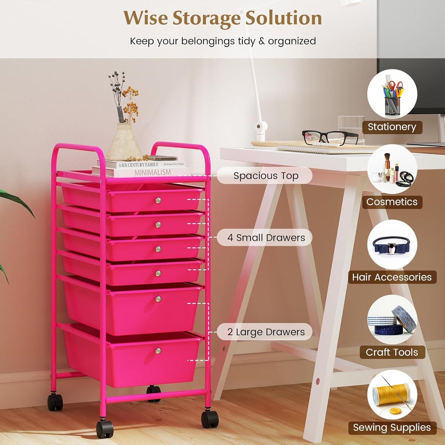 RELAX4LIFE 6-Drawer Rolling Storage Cart - Classroom Organization on Wheels w/Removable Plastic Drawers, Mobile Art Craft Cart for School Paper Home Office, Utility Cart with Drawers (Macaron)
