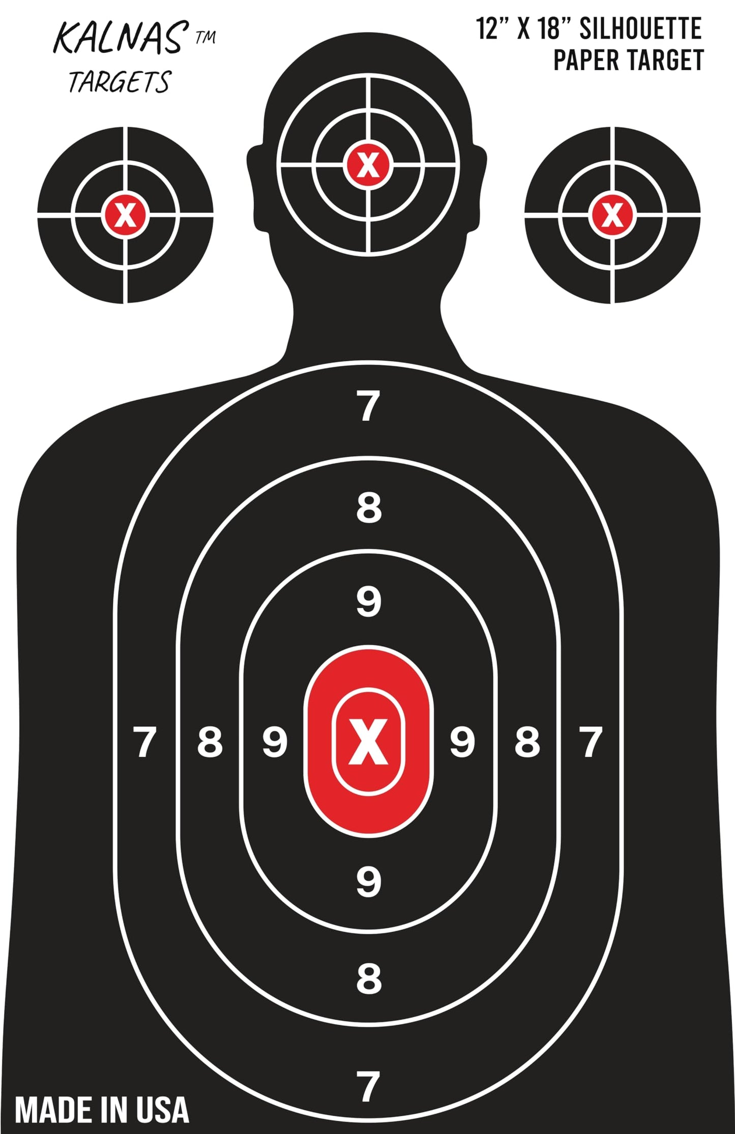 Kalnas Shooting Targets,12 x 18 inch, Bulk Packs of 25, 50, 100 - Silhouette Paper Targets - Ideal for Handguns, Pistols, Rifles - Red Bullseye, Black & White - Elevate Your Shooting Experience (50)