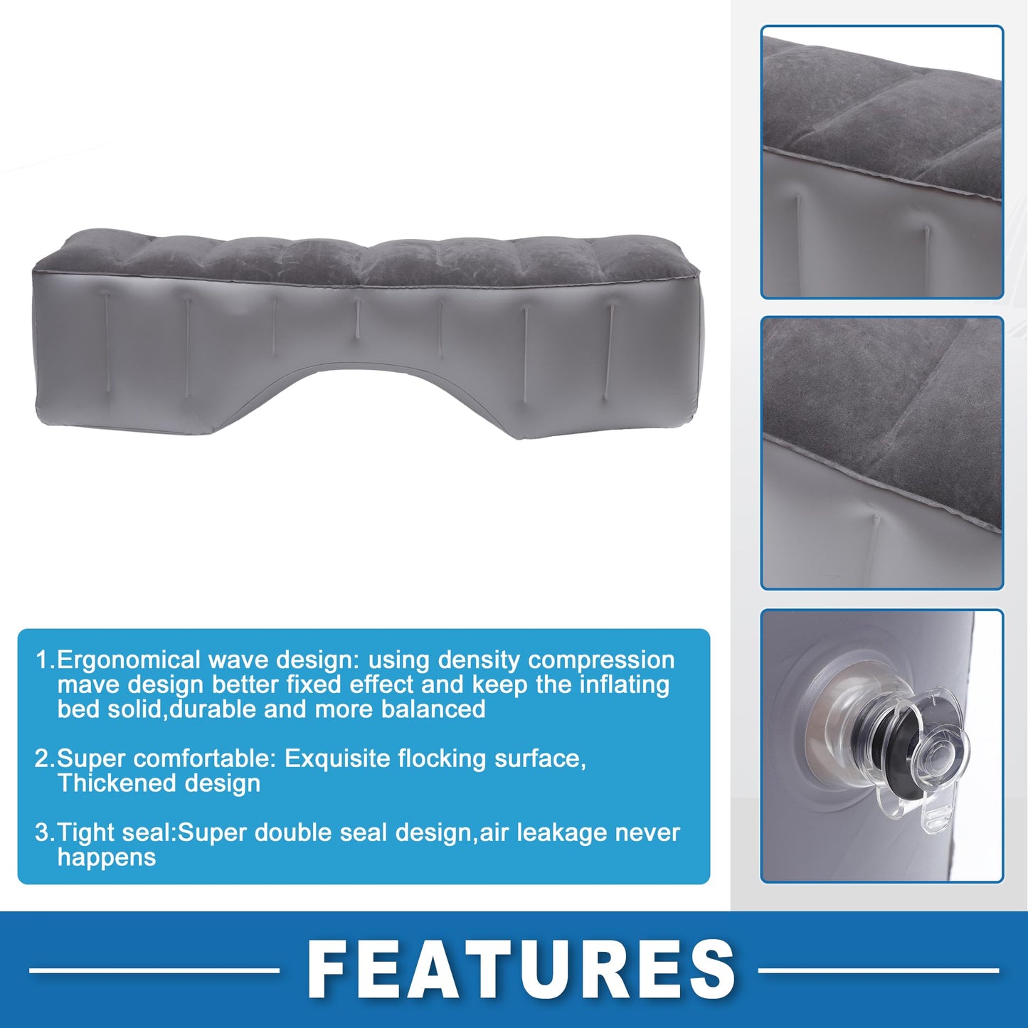 A ABSOPRO Car Mattress Sleeping Mat Comfortable Rear Seat Air Bed Gap Pad for Napping Travel Gray