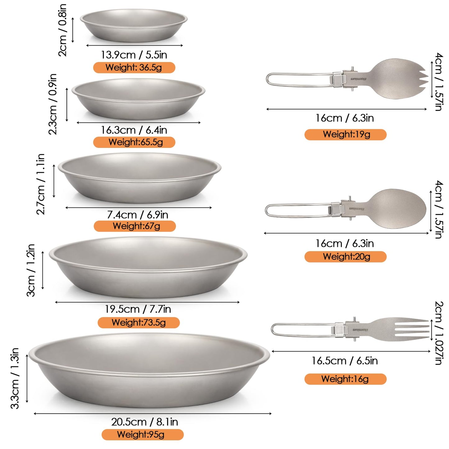 Aomiun Titanium Camping Plate Set of 8, Ultralight Durable Titanium Dish Plate with Folding Forks Spoons, Portable Round Dinner Plates Outdoor Camping Pan Tableware Utensils for BBQ Hiking Picnic