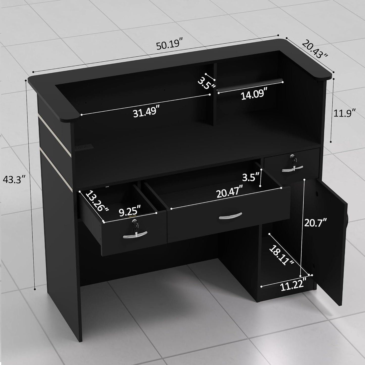 AHB Reception Desk with Counter, Modern Front Table Equipped Lockers & Storage Shelves, 50-inch Checkout Counter with LED Lights & DIY Stripe for Lobbies, Salons, Retail, Home Offices, Reception Room