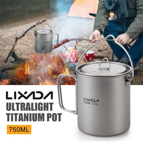 Lixada Titanium Water Mug Cup with Lid and Foldable Handle Ultralight 750ml Titanium Pot Portable Outdoor Camping Cooking Picnic