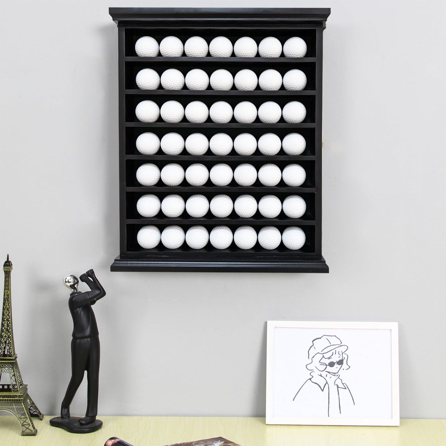 Golf Ball Display Cabinet | Holds 49 Balls | Ideal Collector Gift | Elegant Wall & Table Mount | Solid Wood | Perfect for Enthusiasts Golf Ball Diplay Case Shadow Box for 49-Ball Display Cabinet