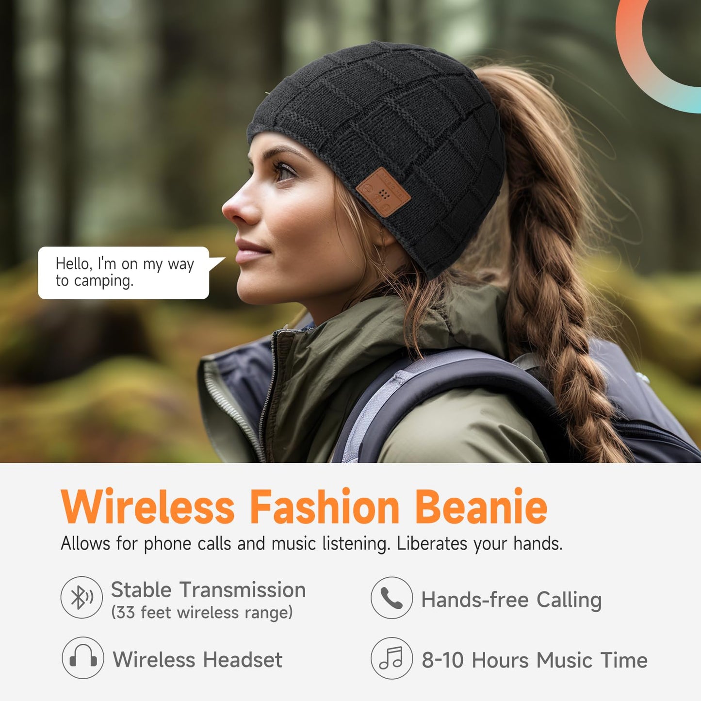 Bluetooth Beanie for Women with Ponytail Hole Wireless Knitted Beanie Hat with Bluetooth Headphones Built in Microphone, Winter Warm Hat Stocking Stuffers Black