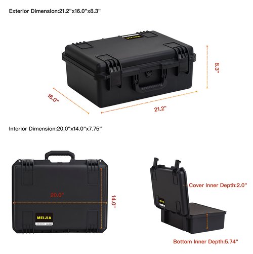 MEIJIA Portable Premium Waterproof Hard Compact Compact Case with customizable fit foam,Lightweight and Strong Design,21.2"x16.0"x8.3",Elegant Black