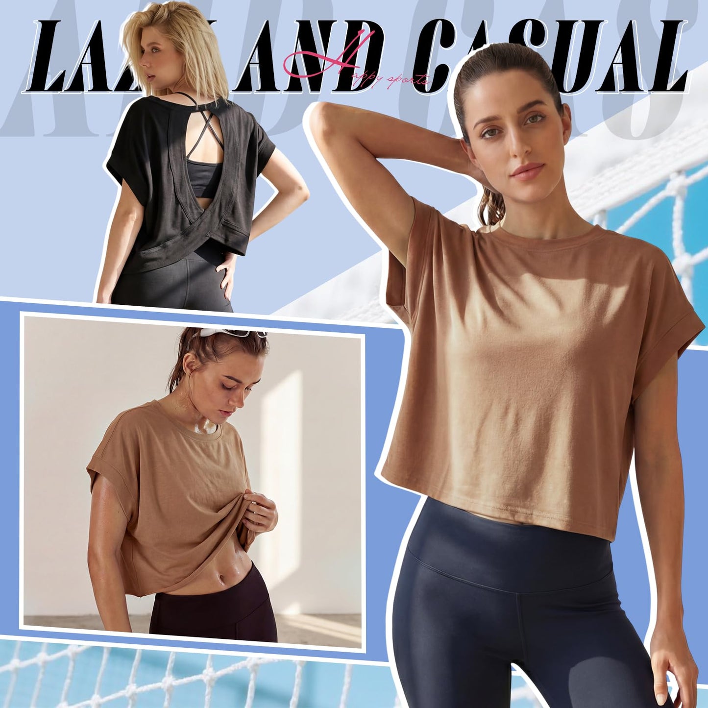Breathffy 3 Pack Women Open Back Workout Crop Tops Short Sleeve Athletic Backless T Shirts Loose Fit Running Gym Yoga Tees(Small,Black,White,Khaki)