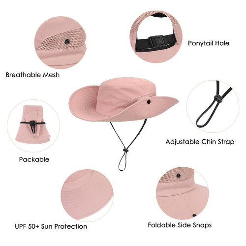 Zando Kids Sun Hat Girls with Ponytail Hole UPF 50+ Kids Bucket Hat Girls Wide Brim Fishing Safari Hats for Summer Beach Cap Big Kids Solid Pink 8-12 Years