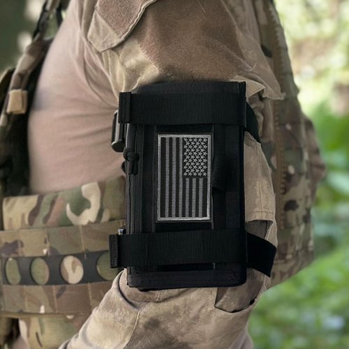 Tactical Arm Sleeve Map Pouch Case Documets Holder Wrist Case Wrist Map Holder Wristband Map Case Military Arm Pouch Tactical USA Flag Patch (Black)