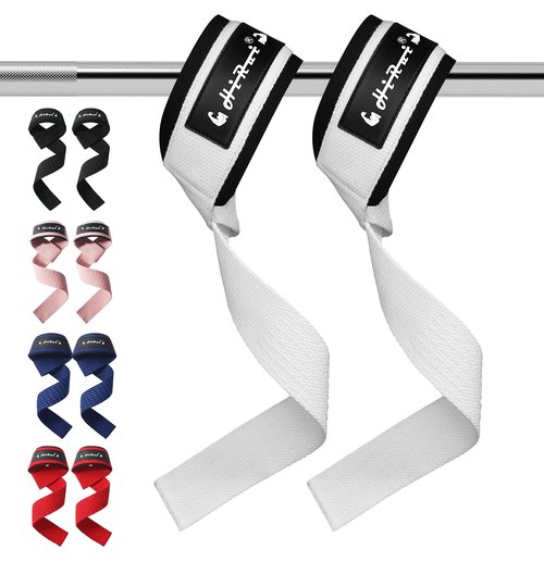 HiRui Premium Cotton Lifting Wrist Straps 25" Deadlift Straps with Upgraded Neoprene Padding & Anti-Skid Silicone Array, Maximum Hand Grip Support for Weightlifting, Strength Training (White)
