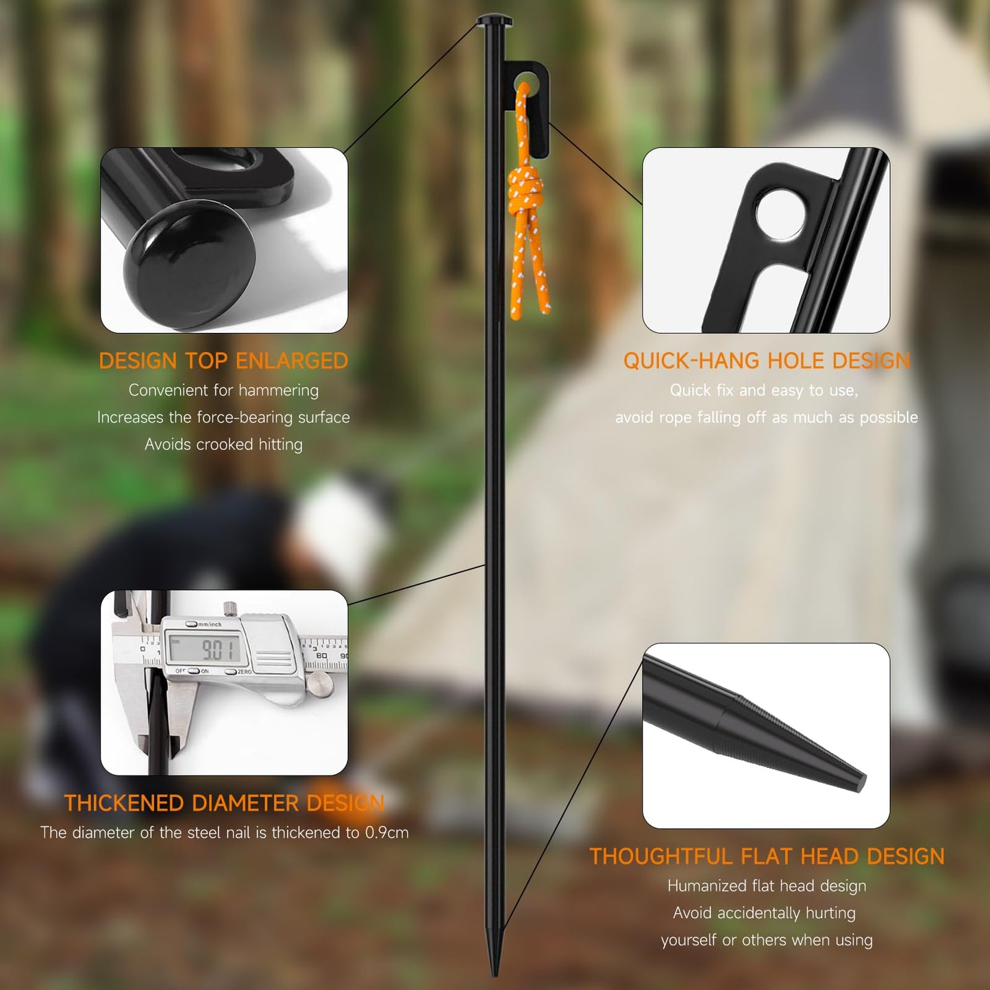 8 PCS Tent Stakes with Storage Bag Heavy Duty Steel Tent Pegs for Camping Hiking Garden Backpacking Unbreakable Metal Ground Stakes Durable Tent Spike (7.9inch)