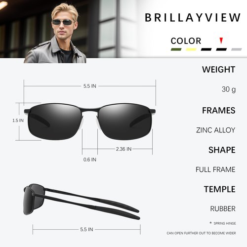 BrillayView Polarized Black Sunglasses for Men（Slightly Wider Version） UV400+ Protection Skinny Metal Frame Retro Sunnies Rectangle lentes de sol hombre Driving Aviator Motorcycle Shades