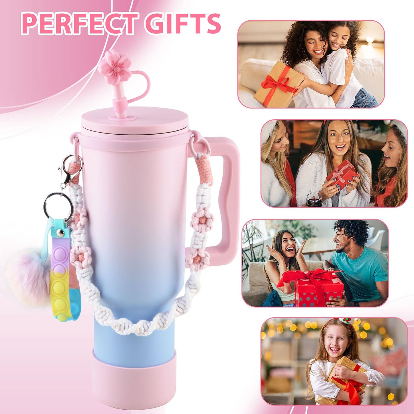 6-Pieces Stanley Cup Accessories Set, Water Bottle Handle Strap,Siliocne Stanley Cup Boot,Siliocne Straw Cover, Silicon Pressure reducing Accessories for Stanley Cup 40 30 oz Tumbler (Pink)