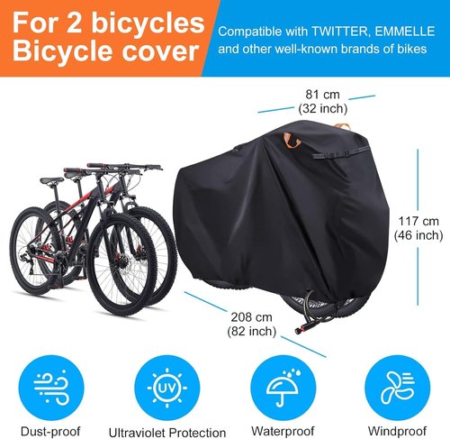 Bike Cover for Transport 2 Bikes - 600D Oxford fabric, PU coating, Waterproof & Heavy Duty, with 4m Reflective Webbing, Bicycle Rack Covers for Car Hitch Travel Storage