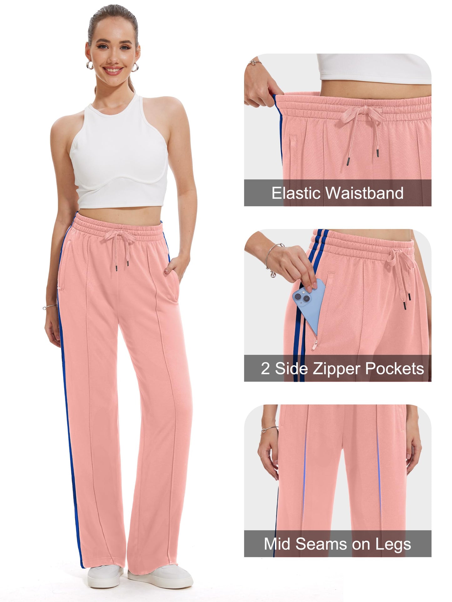 Tapata Petite Women's 28" Inseam Track Pants Elastic Waistband Y2K with Zipper Pockets Dance Studio Sweatpants, Pink, M
