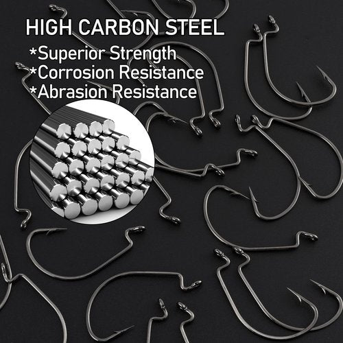 Dr.Fish 100 Pack EWG Hooks Bass Fishing Worm Hooks Extra Wide Gap Offset Freshwater Fishing Carolina/Texas Rig 2/0