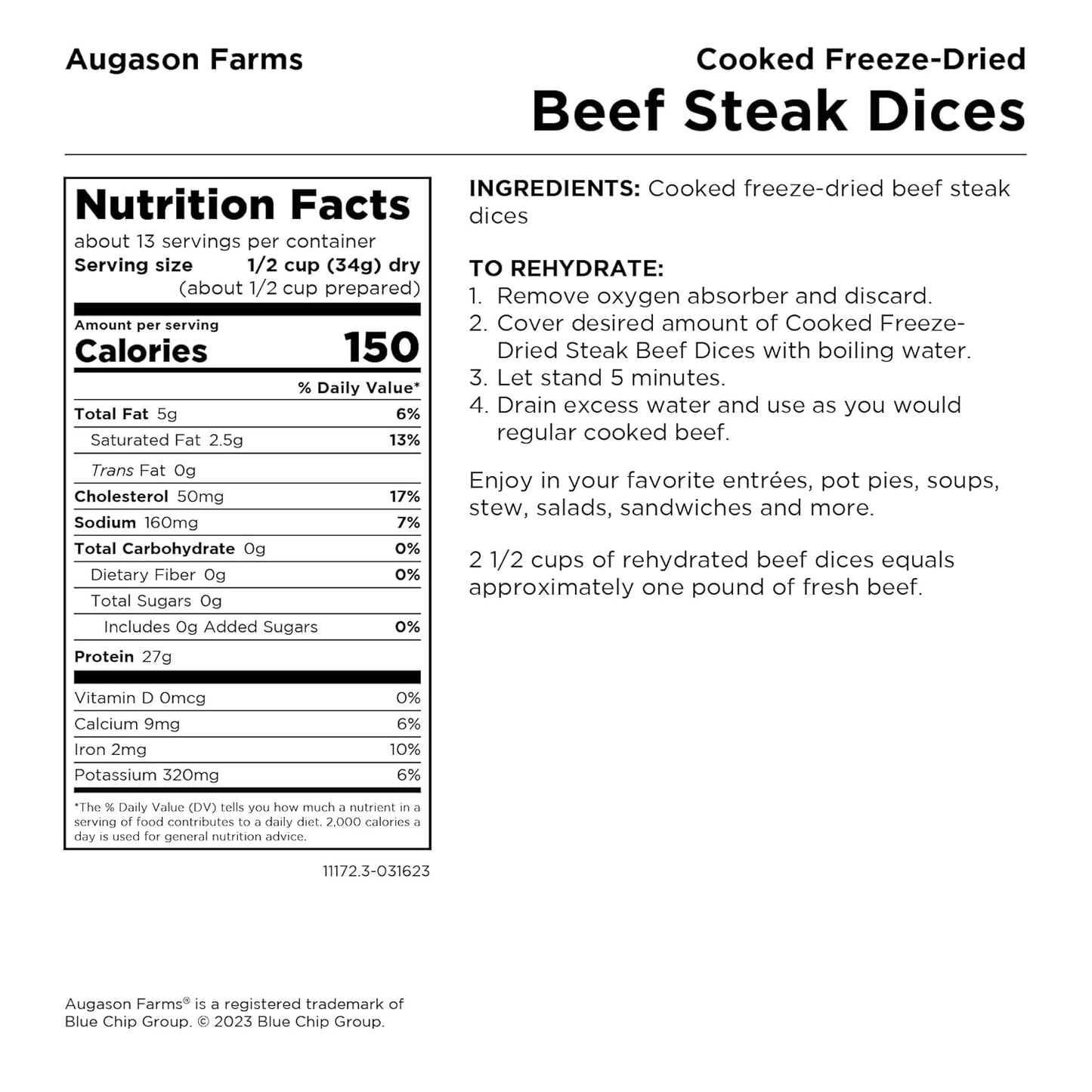 Augason Farms Freeze Dried Precooked Beef Steak Dices Can, Emergency Food Supply, Everyday Meals, 13 Servings